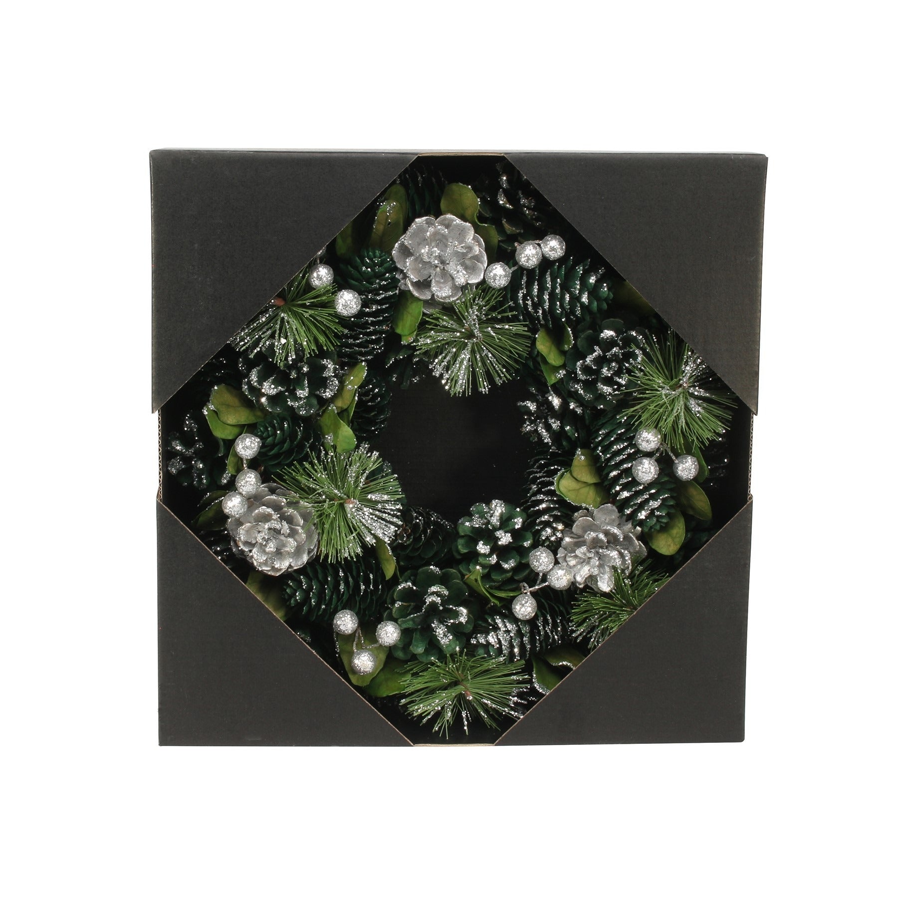 Green &amp; Silver Glitter Pine Cone Wreath (30cm)