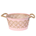 Round Pink Zinc Planter with Hessian Liner &amp; Rope Handles