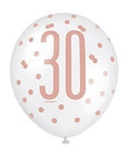 Assorted Rose Gold and White All Over Print 30th Latex Balloon