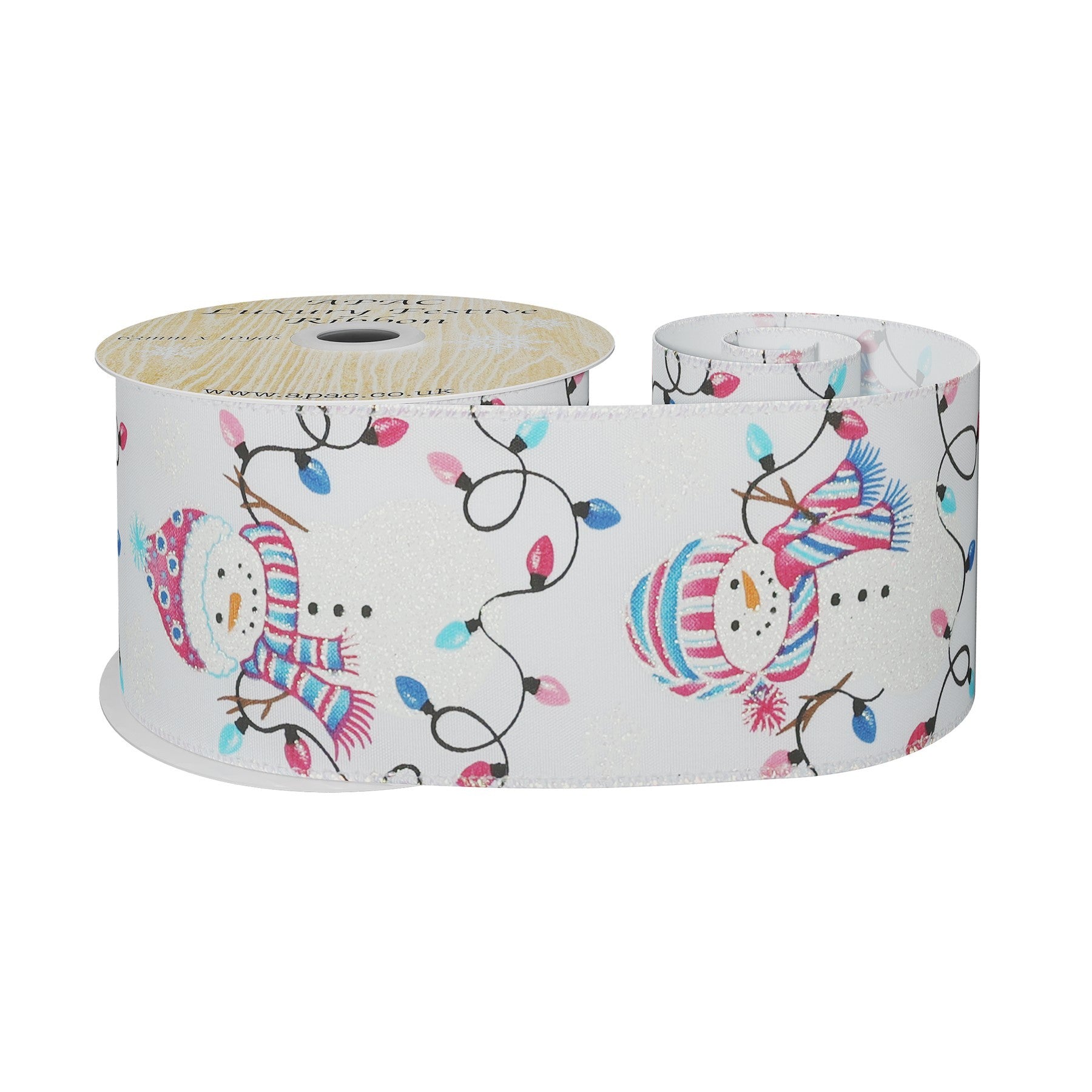 White Wired Ribbon with Snowman and Lights (63mm x 10 yards)