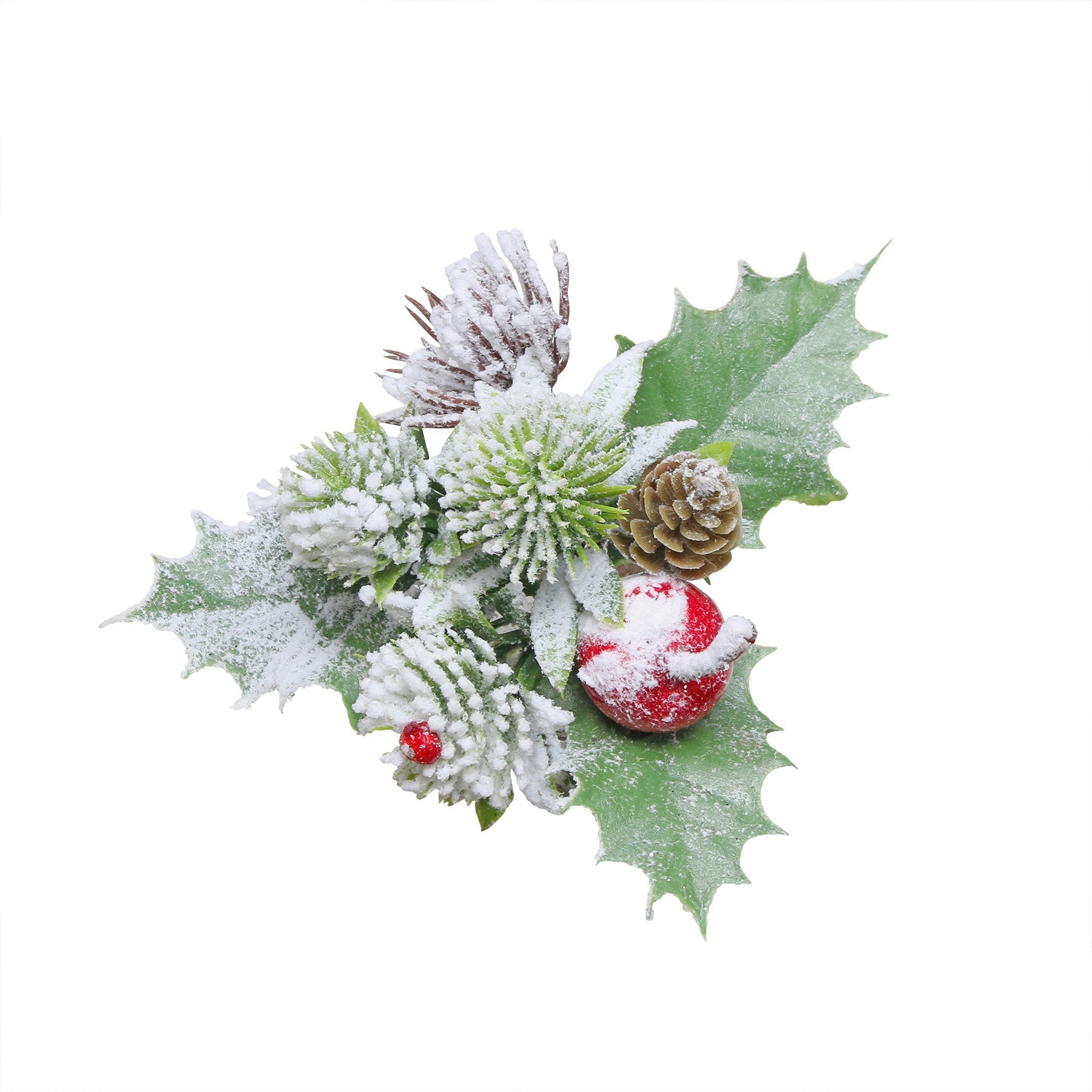 Holly  Cone &amp; Red Apple Snowy Pick