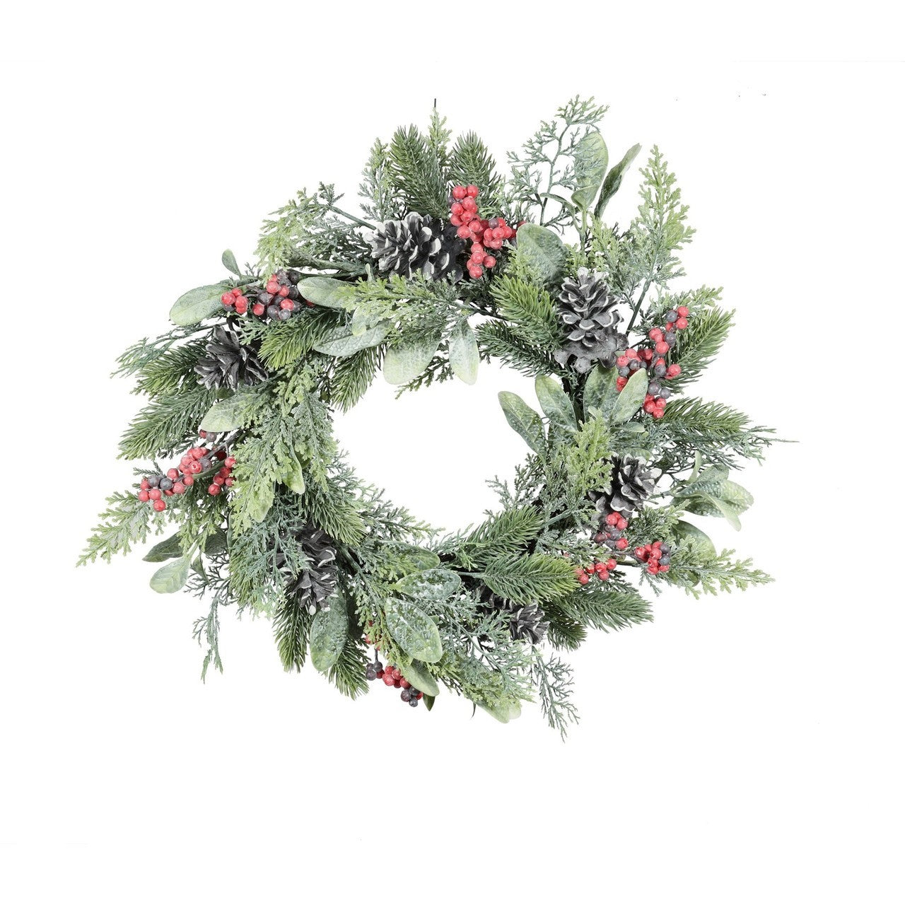 Cone &amp; Red Berry Mixed Foliage Rattan Wreath - 55cm