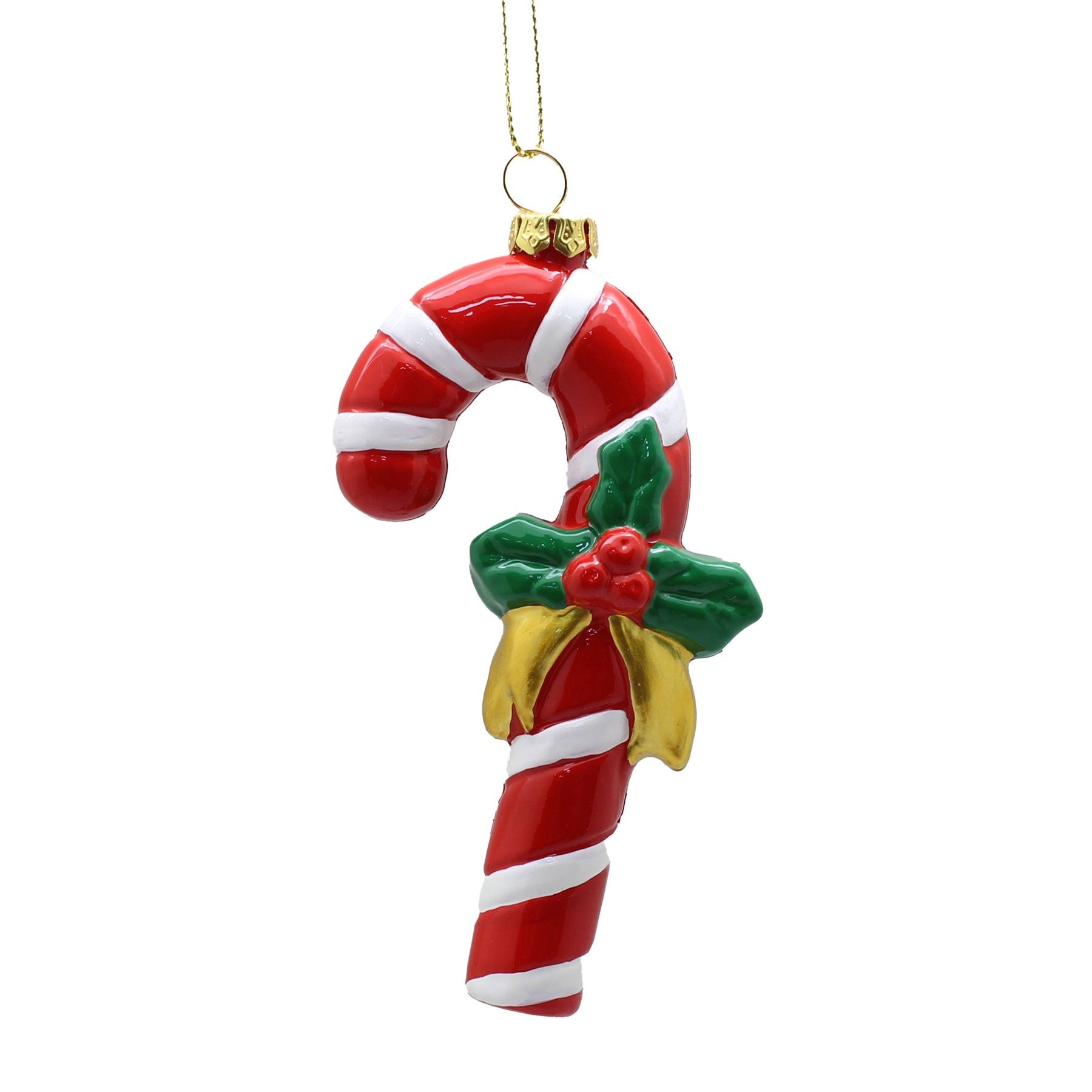 Red &amp; White Candy Cane with Holly Hanging Ornament (12cm)