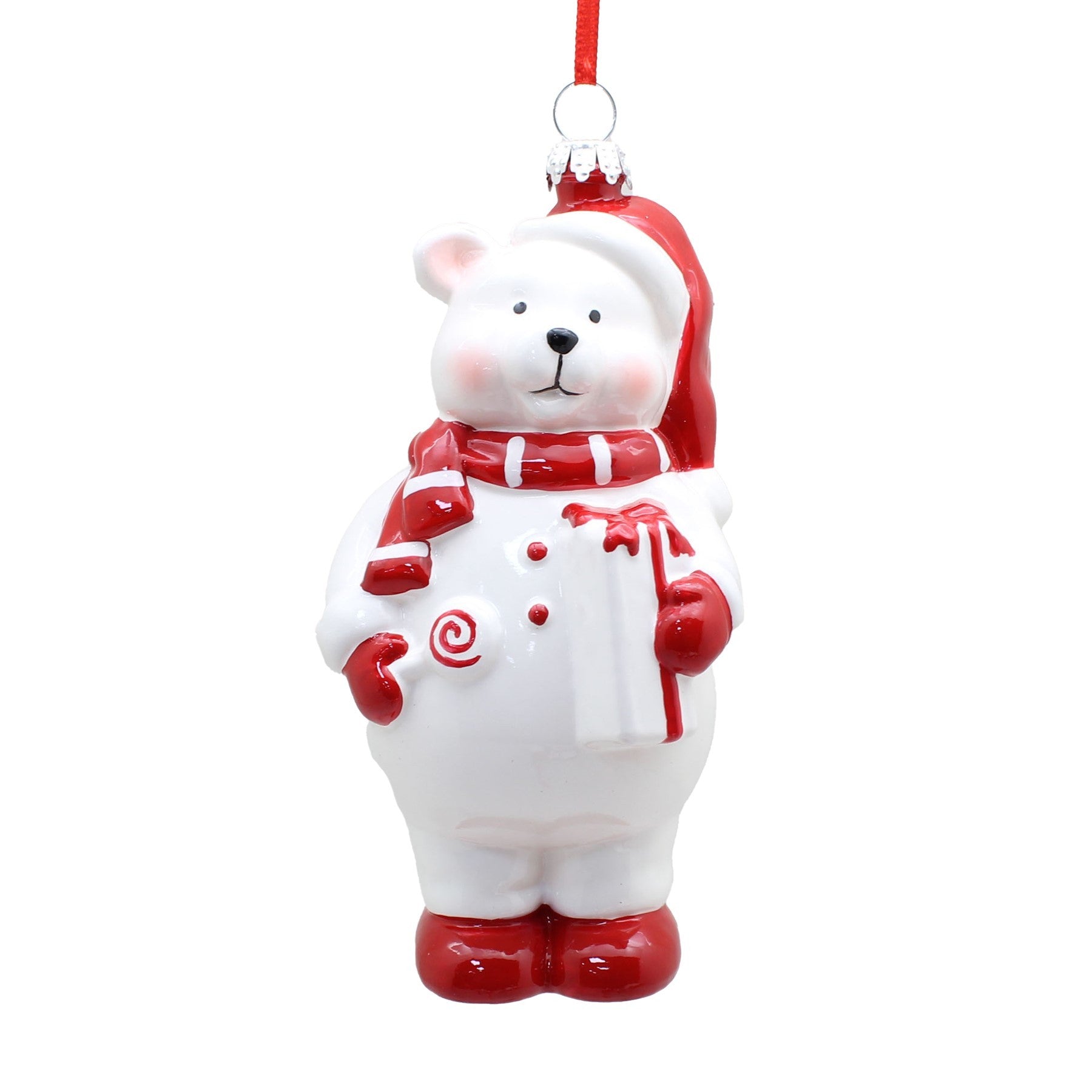 White &amp; Red Polar Bear with Gift &amp; Lolly Hanging Ornament (13cm)