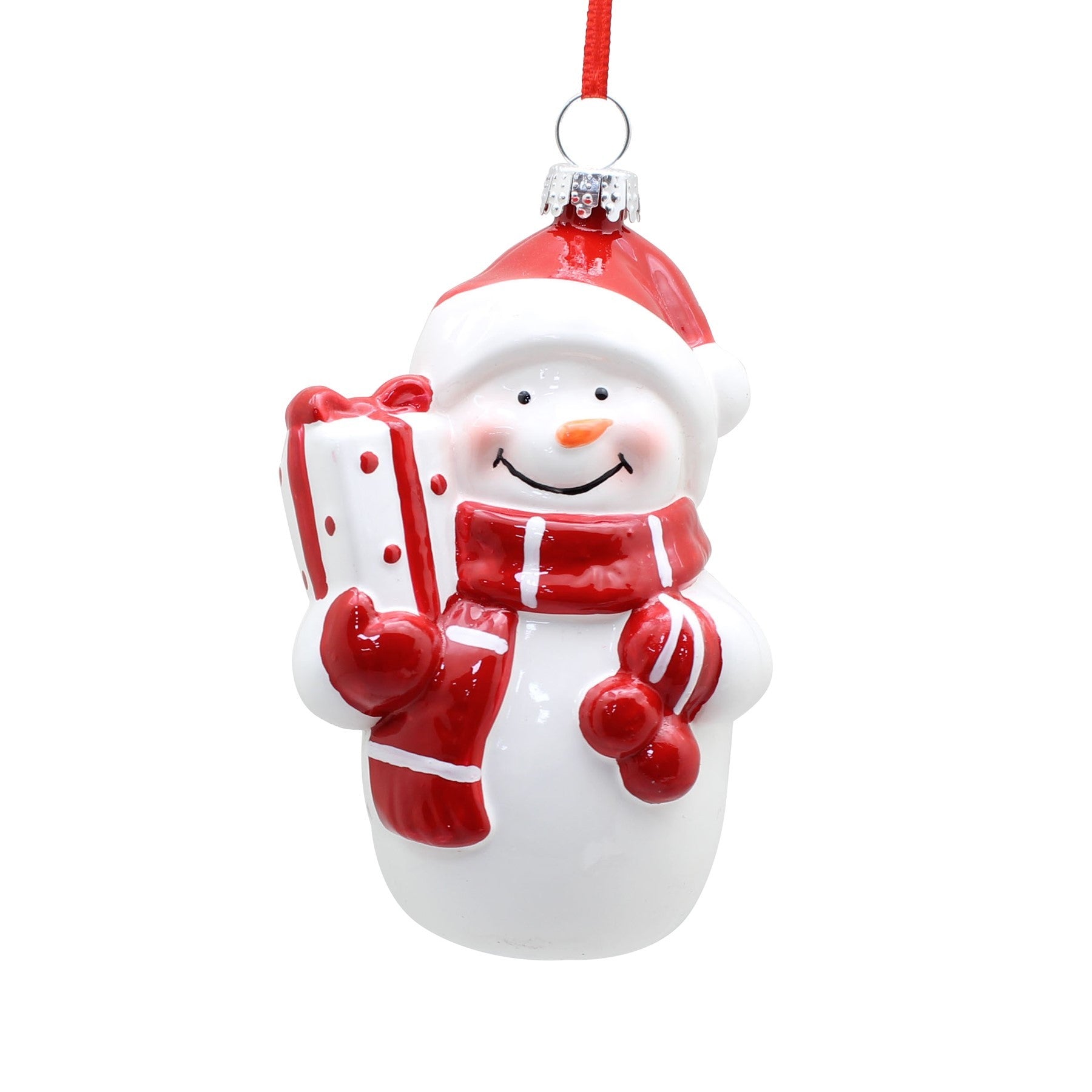 White &amp; Red Snowman with Gift Hanging Ornament (10cm)
