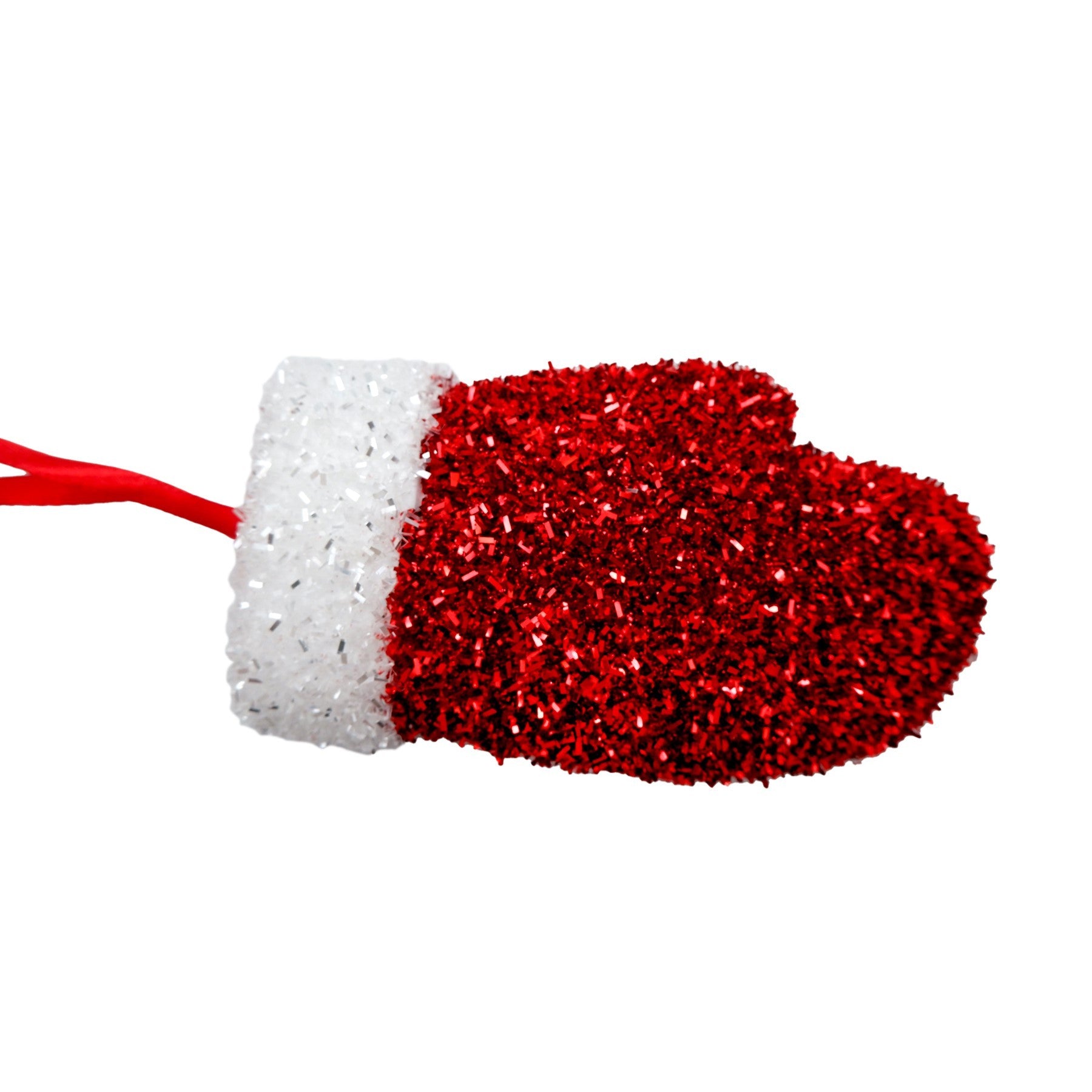 Red &amp; White Tinsel Glitter Mitten Hanging Decoration (15cm)