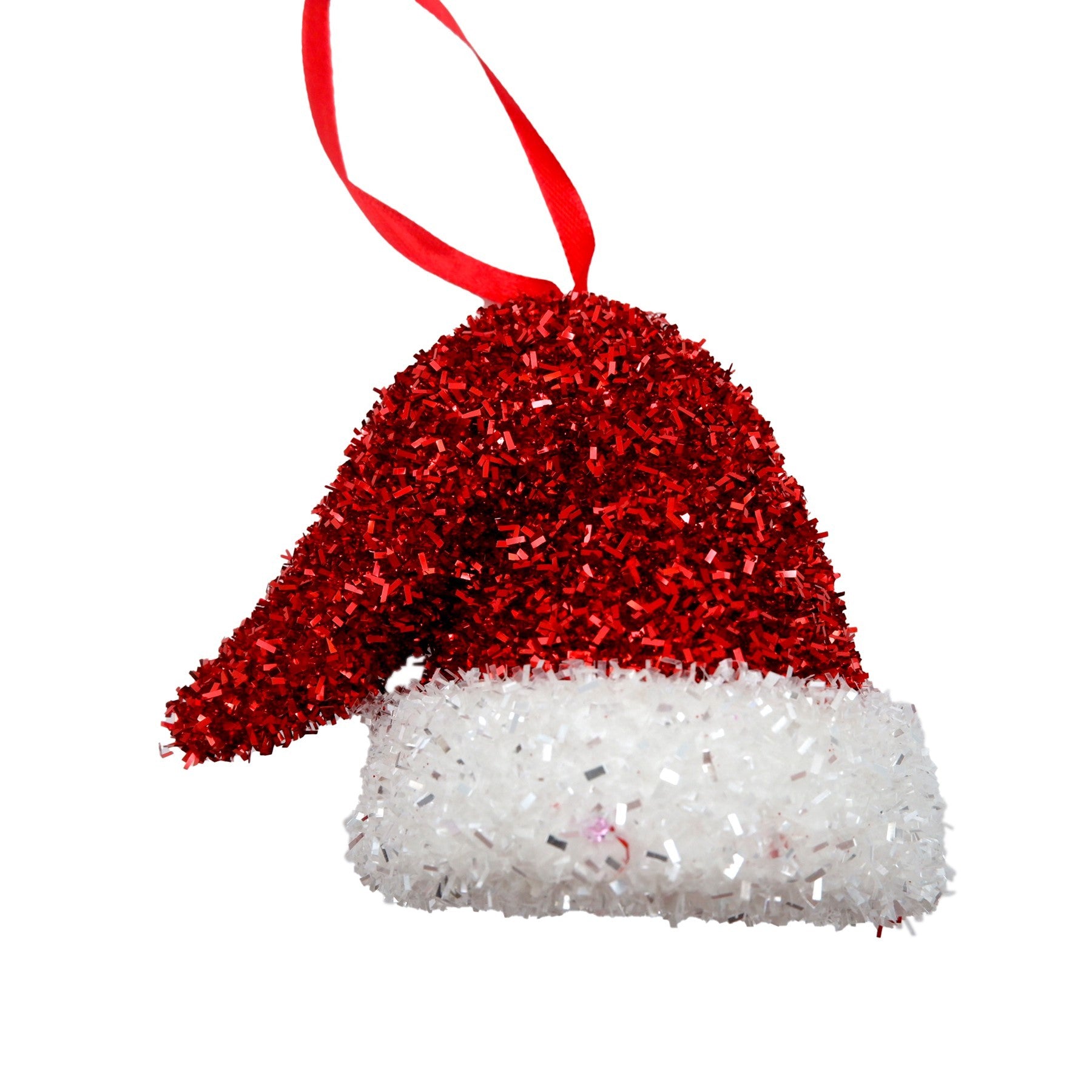Red &amp; White Tinsel Glitter Santa Hat Hanging Decoration (8cm)