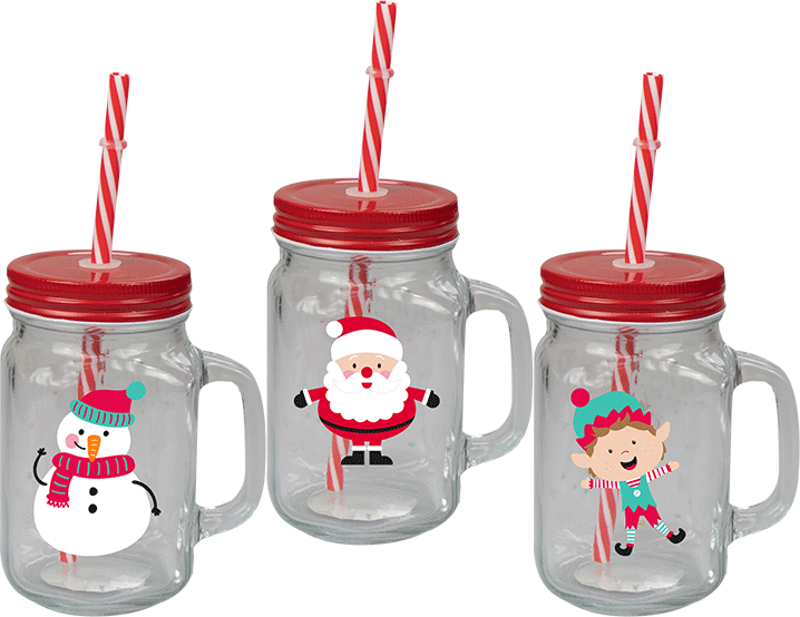 Christmas Mason Jar &amp; Straw (Assorted)