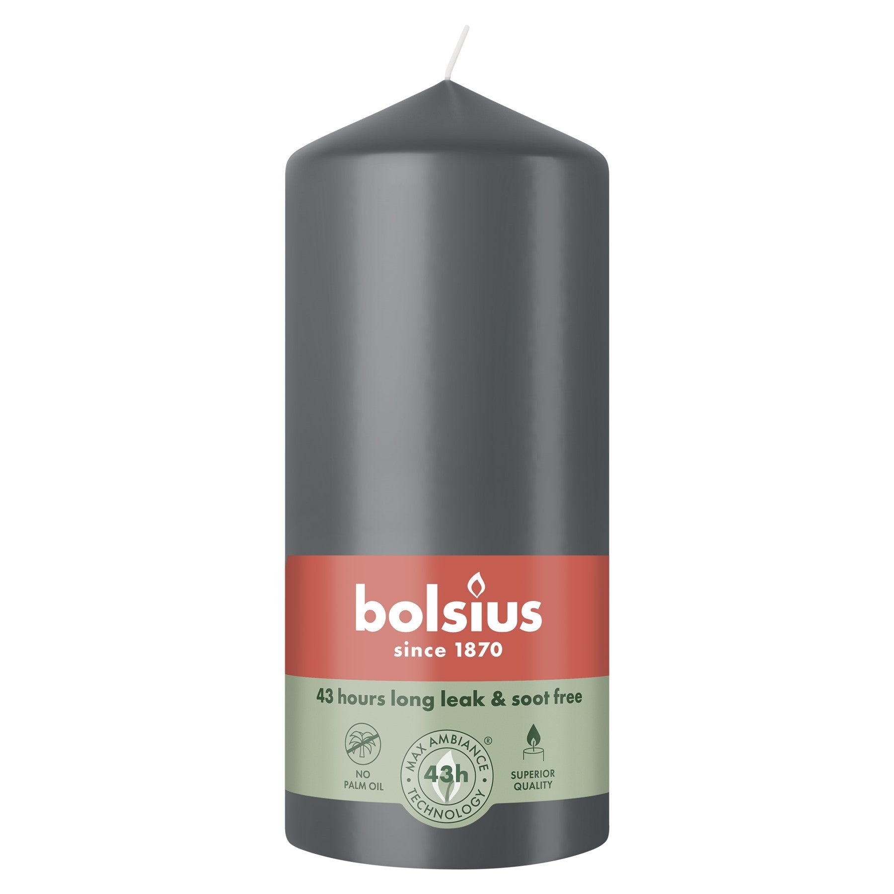 Bolsius Stormy Grey Essentials Pillar Candle (130mm)