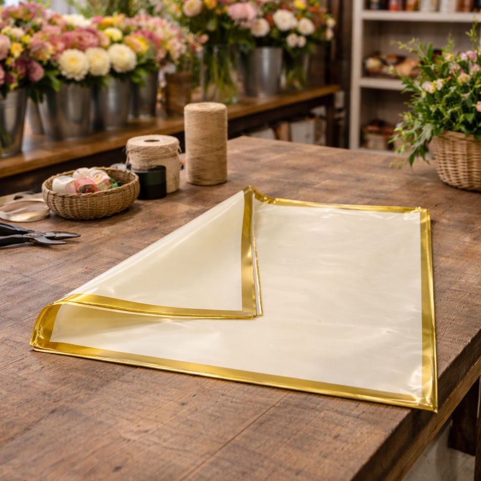 Korean Style Pre Cut Cello Wrap Sheets - Cream with Gold Border (100 Sheets)