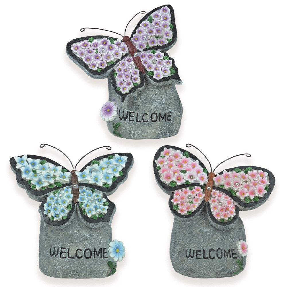 Butterflies on Rock with Solar Light 3 Asso (18cm)