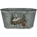 Snowy Christmas Cottage Oval Silver Zinc Planter