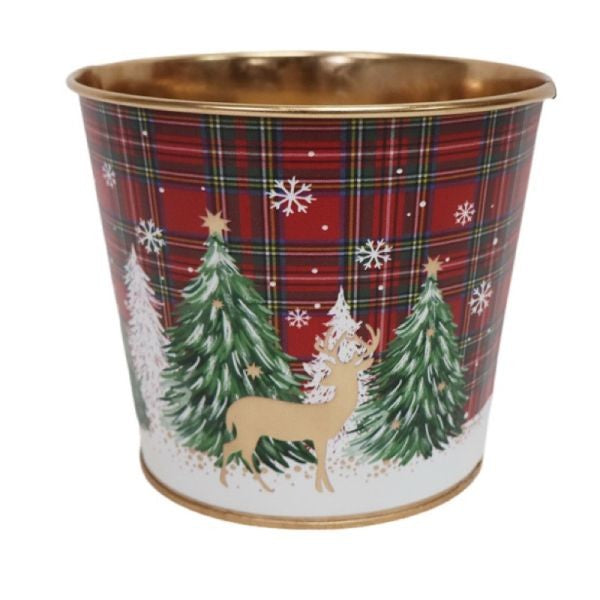 Christmas Trees &amp; Reindeer Tartan Zinc Pot