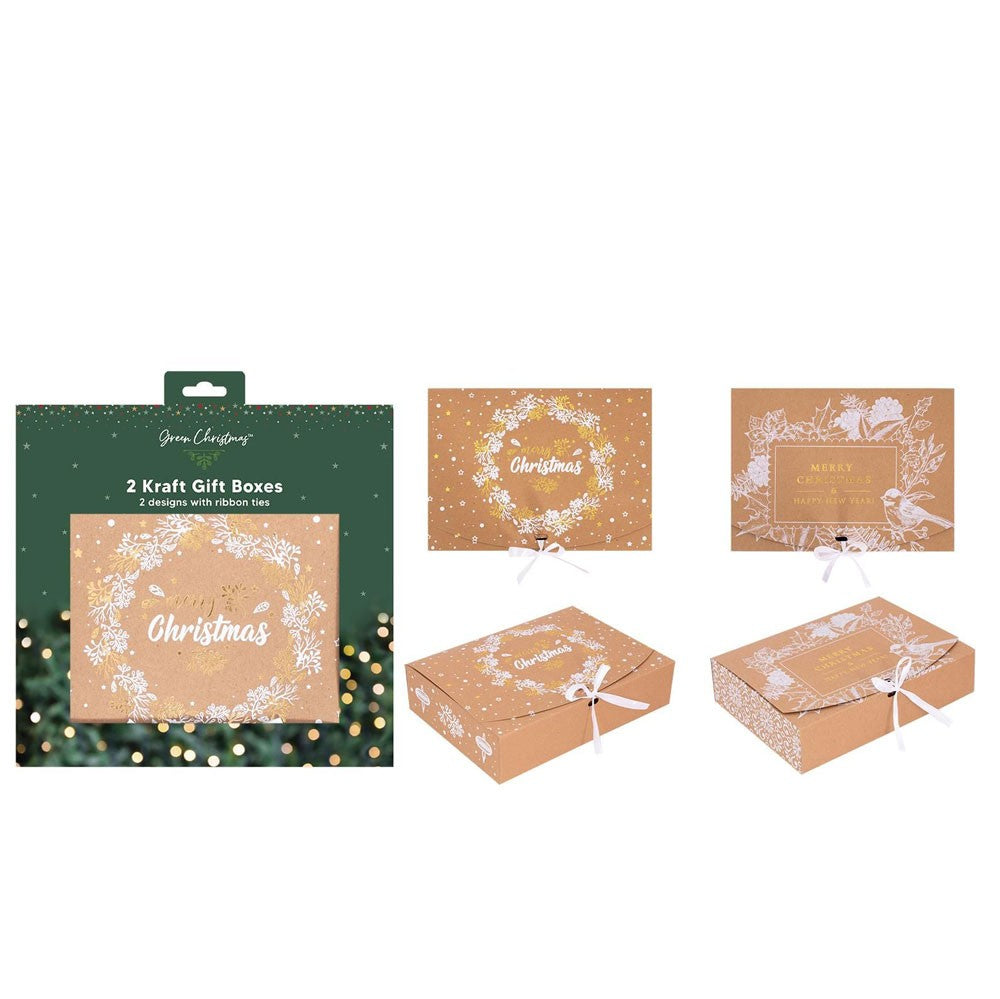 Pack of 2 Christmas Kraft Gift Boxes with Ribbon Tie (Wreath Design &amp; Robin Design)
