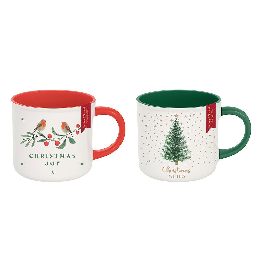 Set of 2 Christmas Mugs (Robin Design &amp; Tree Design)